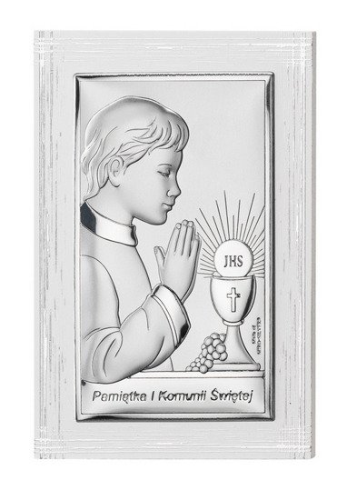 Srebrny obrazek na pamiątkę I Komunii Św. z chłopczykiem, na białym zdobionym drewnie, prostokątny