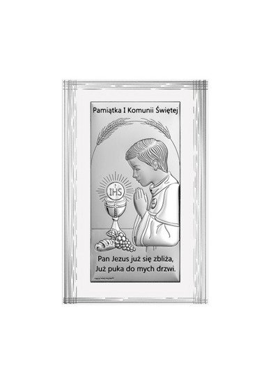 Srebrny obrazek na pamiątkę I Komunii Św. z chłopczykiem na białym zdobionym drewnie, prostokątny