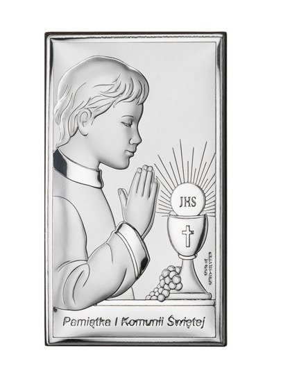 Srebrny obrazek na pamiątkę I Komunii Św. z chłopczykiem, prostokątny