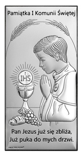 Srebrny obrazek na pamiątkę I Komunii Św. z chłopczykiem, prostokątny