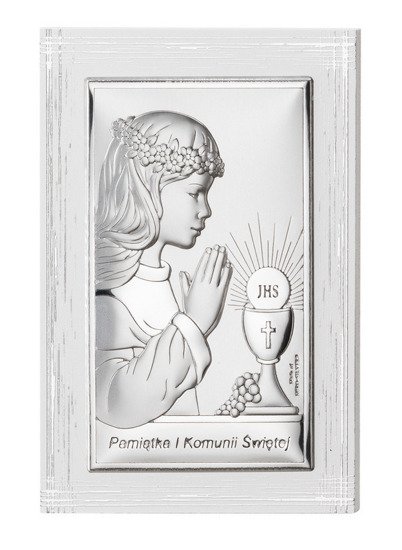 Srebrny obrazek na pamiątkę I Komunii Św. z dziewczynką, na białym zdobionym drewnie, prostokątny