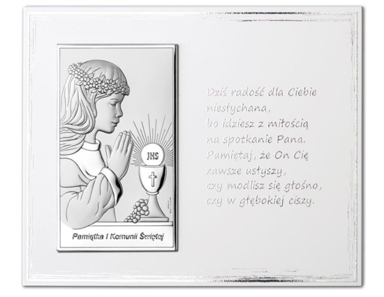 Srebrny obrazek na pamiątkę I Komunii Św. z  dziewczynką na białym zdobionym panelu z cytatem