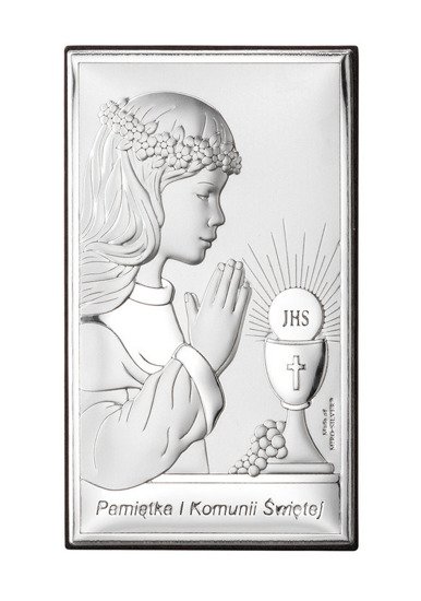 Srebrny obrazek na pamiątkę I Komunii Św. z dziewczynką, prostokątny