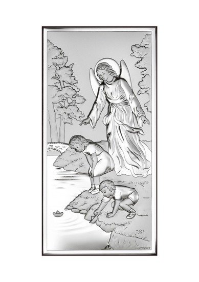 Srebrny obrazek z wizerunkiem Anioła Stróża nad dziećmi
