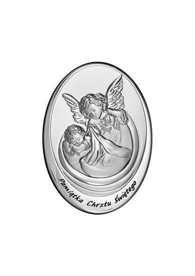Srebrny obrazek z wizerunkiem Aniołka z latarenką, owalny z podpisem" Pamiątka Chrztu Świętego"