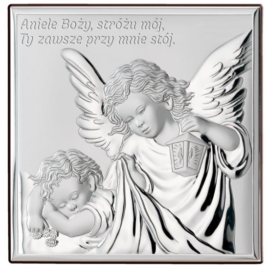 Srebrny obrazek z wizerunkiem Aniołka z latarenką z modlitwą, kwadratowy