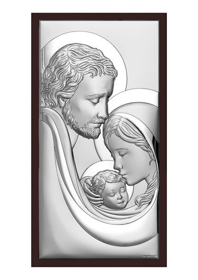 Srebrny obrazek z wizerunkiem Św. Rodziny, prostokątny na brązowym drewnie