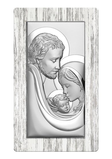 Srebrny obrazek z wizerunkiem Św. Rodziny, prostokątny, na drewnie shabby chic