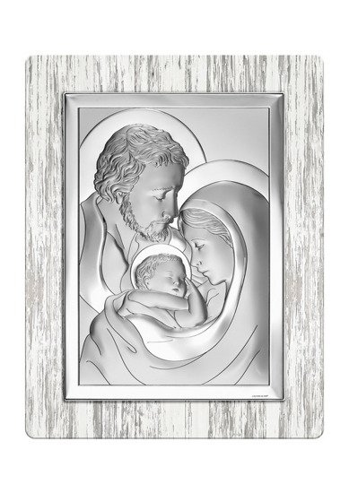 Srebrny obrazek z wizerunkiem Św. Rodziny, prostokątny na drewnie shabby chic