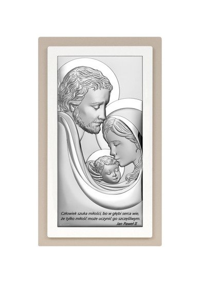 Srebrny obrazek z wizerunkiem Św. Rodziny, prostokątny, na podwójnym drewnie