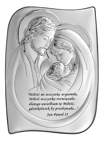 Srebrny obrazek z wizerunkiem Św. Rodziny z cytatem, o nieregularnym kształcie